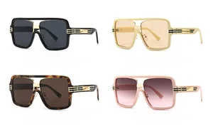 Detail view of large square frame sunglasses in black, yellow, leopard and pink color options