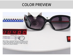 Test UV400 che mostra la lente sfumata protettiva con rivestimento EMI sul tester
