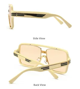 Detail view of oversized square sunglasses with beige frames and golden metal temple accents