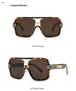 Detail view of leopard print oversized square sunglasses with gold metal temples