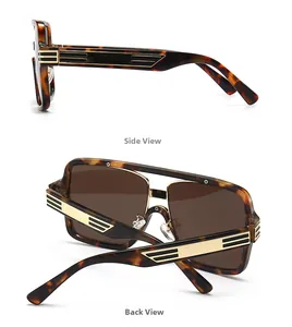 Detailed side and back view of tortoiseshell sunglasses with wide gold metal temples