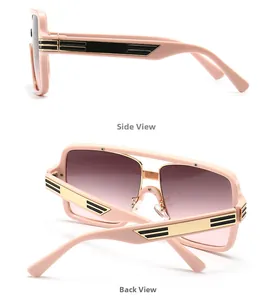 Side and back view of oversized square frame sunglasses with gradient lenses and metal trim