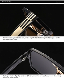 Detail of high-quality metal hinge and UV protection lens on oversized sunglasses