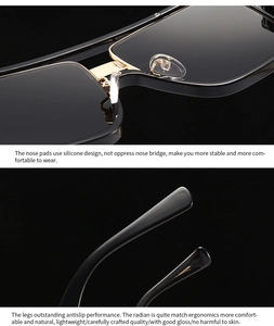 Detail of comfortable silicone nose pads and ergonomic non-slip temples on black sunglasses