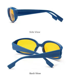 Vista laterale e posteriore di occhiali da sole retrò con montatura blu e lenti gialle