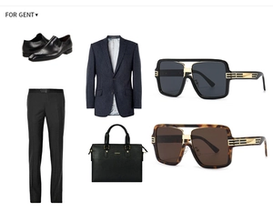 Flat lay of retro square sunglasses with gold temple detail and business attire