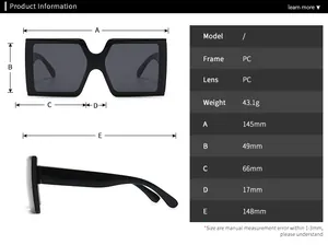 Detailed size chart for square jelly-colored sunglasses showing frame and lens dimensions