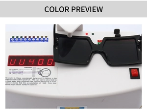 Detailed UV400 protection test showing square black sunglasses blocking harmful rays