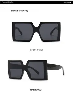 Front and 45-degree side views of classic square black oversized sunglasses