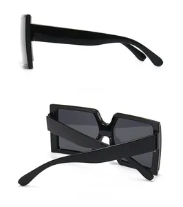Side and back views of glossy black square sunglasses showing thick streamlined temples