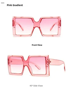 Detailed front and side views of square jelly pink sunglasses with gradient lenses