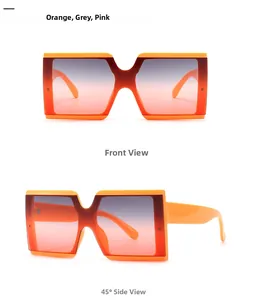 Detail view of square orange sunglasses with gradient grey to pink lenses from two angles