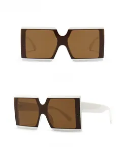 Detailed front and side views of white square sunglasses with brown tinted lenses