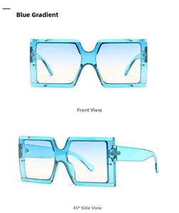 Front and 45-degree view of square jelly blue frame sunglasses with gradient blue lenses
