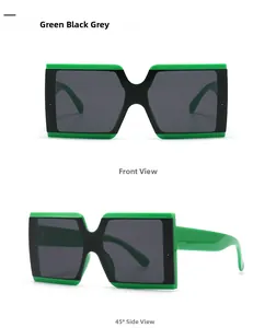 Detailed front and 45-degree views of square jelly-colored fashion sunglasses in green and black