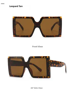 Detail view of square leopard print sunglasses with dark brown lenses from two angles