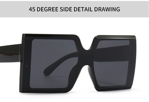 Detail view showing 45-degree side angle of square black sunglasses with wide temples