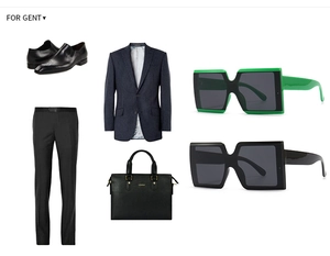 Flat lay of navy pinstripe suit with brogues and square jelly frame sunglasses