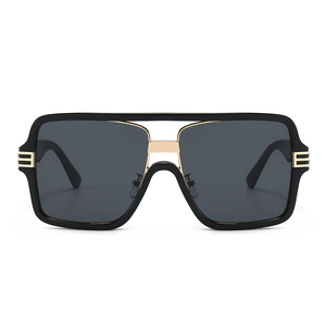 Retro oversized square sunglasses with black frame and golden metal double bridge design