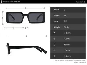 Detailed size chart for narrow jelly-colored capsule sunglasses with PC frame dimensions