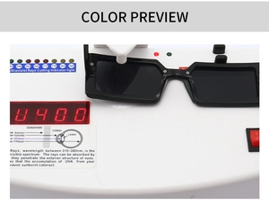 Testing equipment demonstrating UV400 protection on black square frame sunglasses