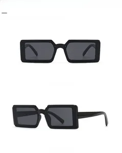 Front and side view of retro narrow black rectangle sunglasses with dark grey lenses