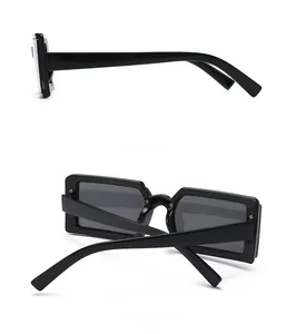 Side and back view of retro black rectangle sunglasses with thick jelly frames