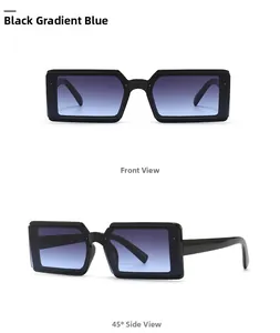Front and side view of narrow rectangular black sunglasses with blue gradient lenses