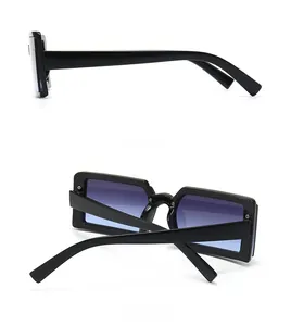 Side and back view of rectangular black frame sunglasses with blue-purple gradient lenses