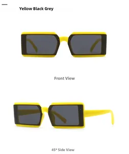 Front and side views of trendy yellow rectangular capsule sunglasses with grey lenses