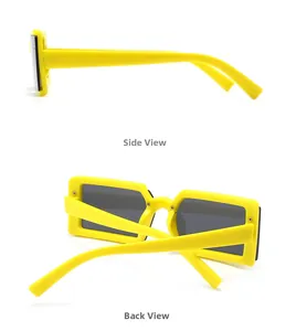 Detail view showing side and back angles of yellow jelly rectangular sunglasses