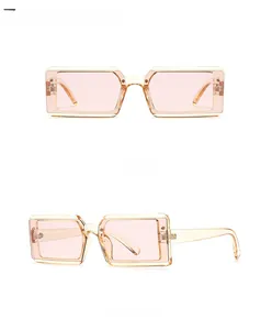 Front and side view of narrow rectangular jelly sunglasses in light tan and pink