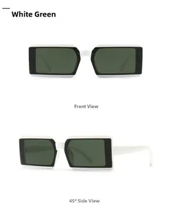 Front and 45-degree side views of white and green rectangular jelly sunglasses