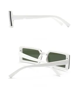 Side and back view of white thick frame rectangle sunglasses with dark UV lenses
