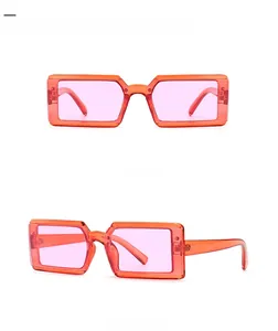 Narrow rectangle sunglasses in jelly orange and purple from front and 45 degree angles