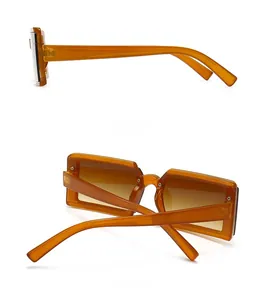 Detailed side and back views of trendy narrow jelly-colored rectangle sunglasses