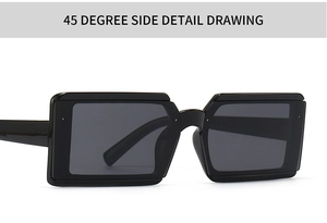 Side view of narrow rectangular jelly sunglasses in black with 45-degree angle detail