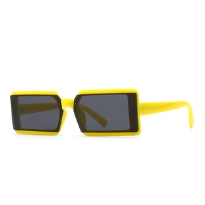Modern narrow rectangle sunglasses in vibrant yellow with dark grey lenses in white background