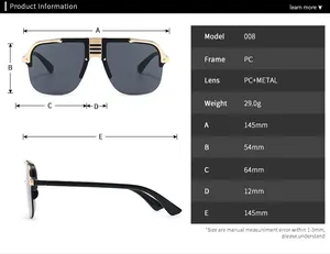 Detailed size chart for flat top oversized sunglasses with precise frame measurements