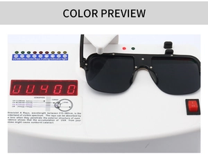 Flat top oversized black sunglasses showing UV400 protection test on professional device