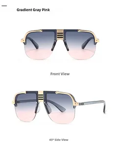 Detail view of flat top sunglasses with grey pink gradient lenses and gold metal trim