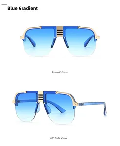 Detail of trendy flat-top oversized sunglasses with blue gradient lenses and gold trim