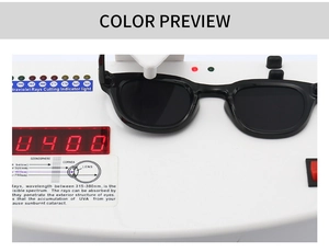 Detail of black frame sunglasses showing UV400 protection test on professional digital meter