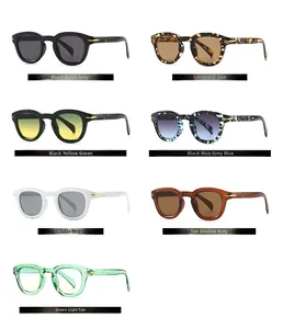 Collage showing vintage round thick-frame sunglasses in various colors and lens tints