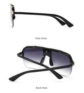 Detail showing the side profile and folded back view of gradient lens sunglasses
