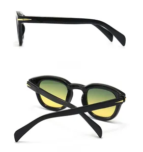 Detailed side and back view of retro round sunglasses with gold arrow accent