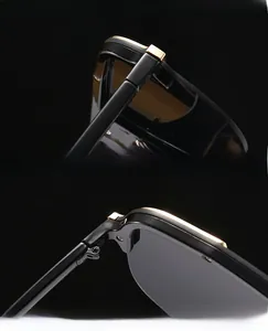 Close-up of premium reinforced hinges and UV protection lenses on black oversized sunglasses