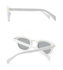 Retro round sunglasses with white frames and gold metal accents, side and back views