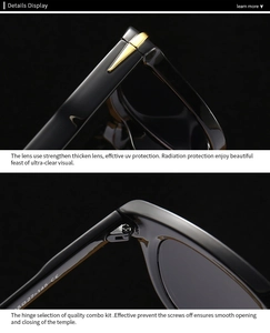 Macro view of gold metal hinges and internal hinge structure on black round sunglasses