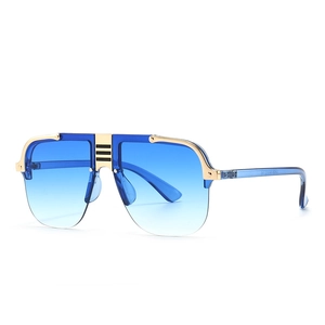 Modern flat top oversized pilot sunglasses with blue gradient lenses and gold metal frames